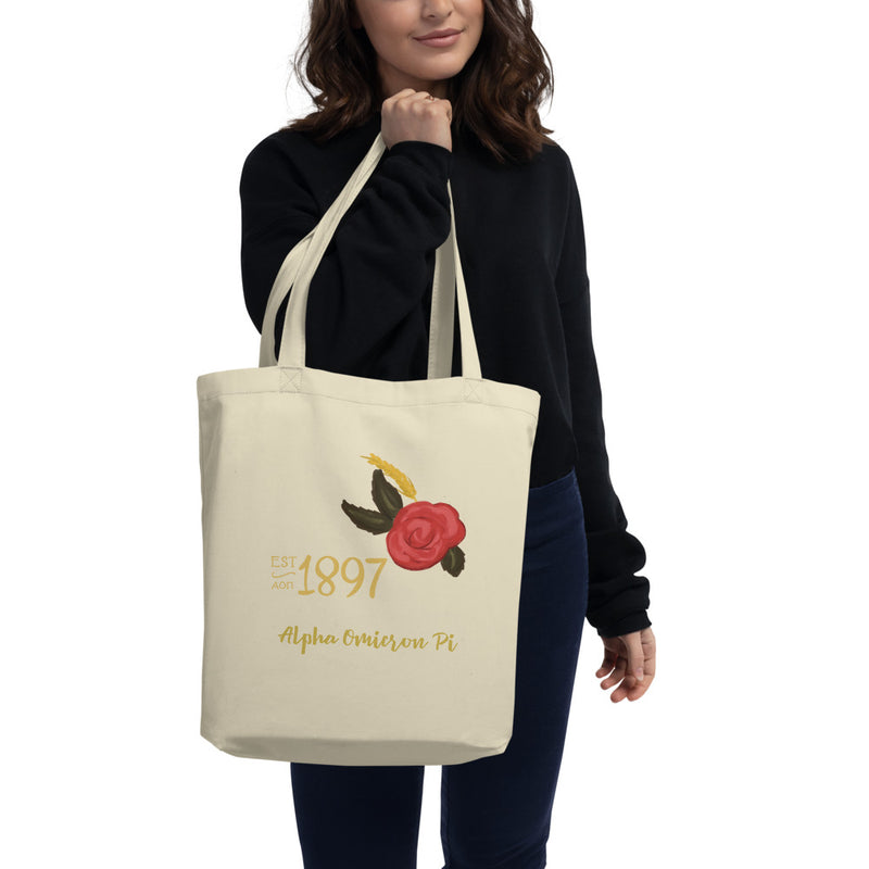 Alpha Omicron Pi Sorority Tote Bag in natural oyster color on woman&