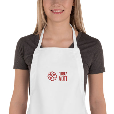 Alpha Omicron Pi Sorority Apron shown in white with red AOII founding date, letters and infinity rose on model