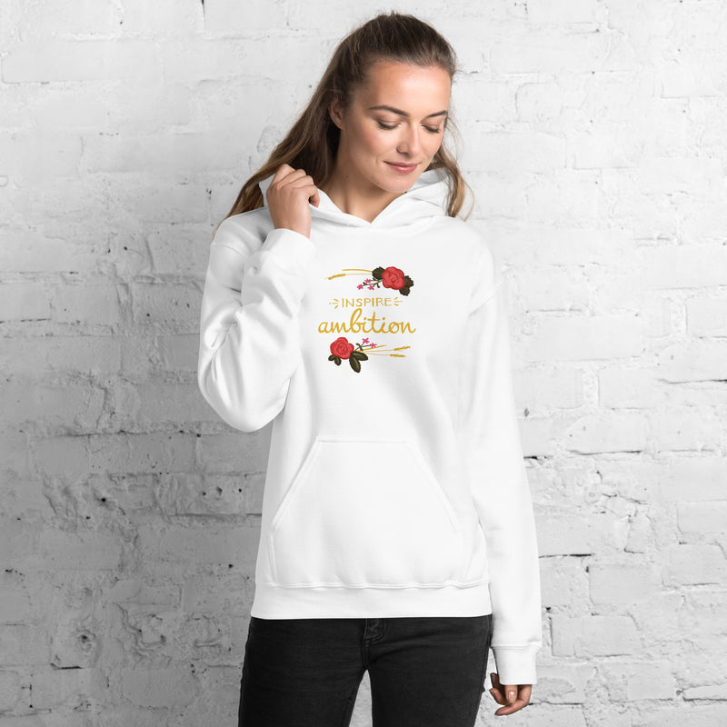 Alpha Omicron Pi Inspire Ambition Comfy Unisex Hoodie in white on model