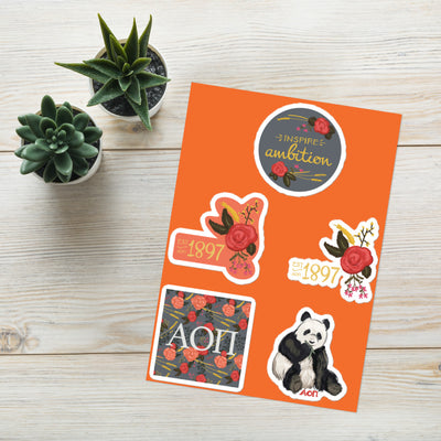 Alpha Omicron Pi Sorority Sticker Sheet with 5 unique AOII designs shown with plants