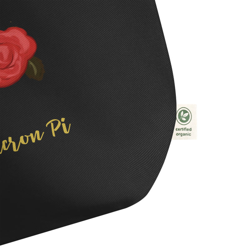 Alpha Omicron Pi Sorority Tote Bag in black showing certified organic label on 1897 design