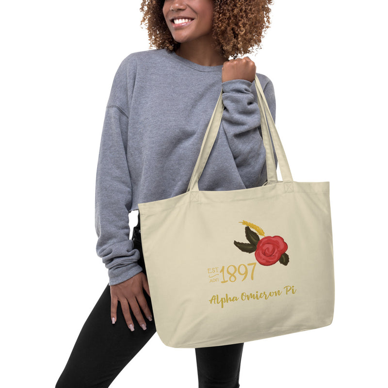 Alpha Omicron Pi Sorority Tote Bag shown in natural oyster color on model&