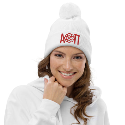 Alpha Omicron Pi Sorority Beanie in white on model