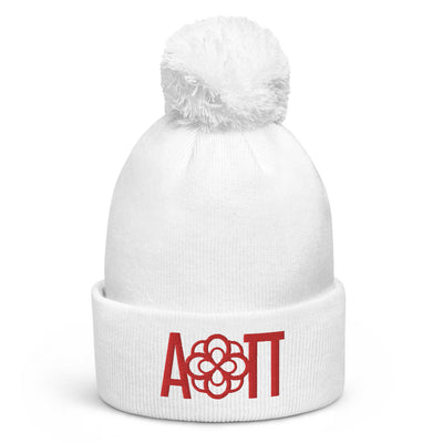 Alpha Omicron Pi Sorority Beanie in white with red embroidered letters