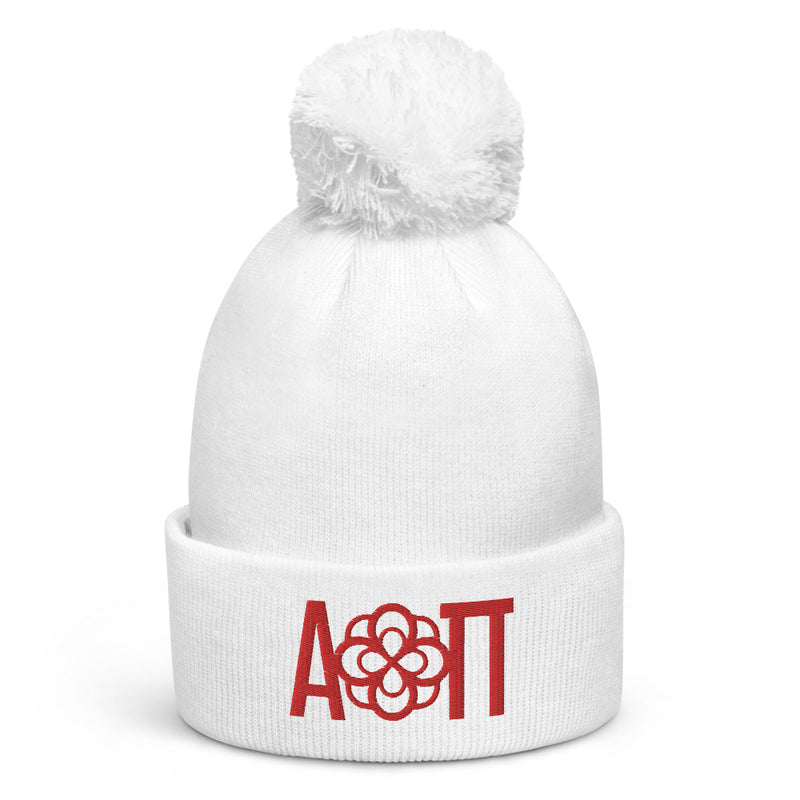 Alpha Omicron Pi Sorority Beanie in white with red embroidered letters