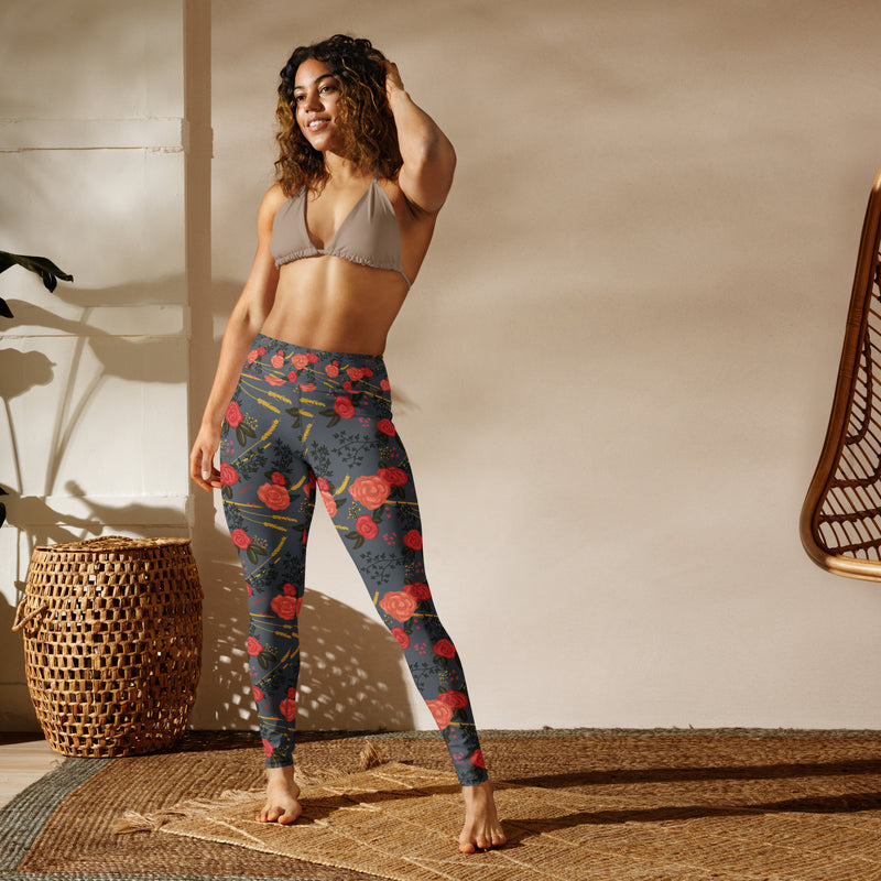 Alpha Omicron Pi Floral Print Yoga Leggings, Gray on model in lifestyle setting