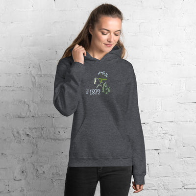 Alpha Phi 1872 Comfy Hoodie in Heather gray on model