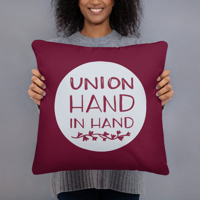 Alpha Phi Sorority Pillow with Union Hand i Hand motto design in Bordeaux