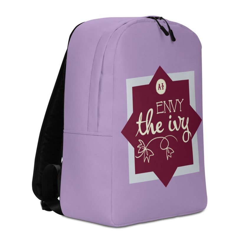 Alpha Phi Sorority Backpack in purple in left side view showing Envy the Ivy design