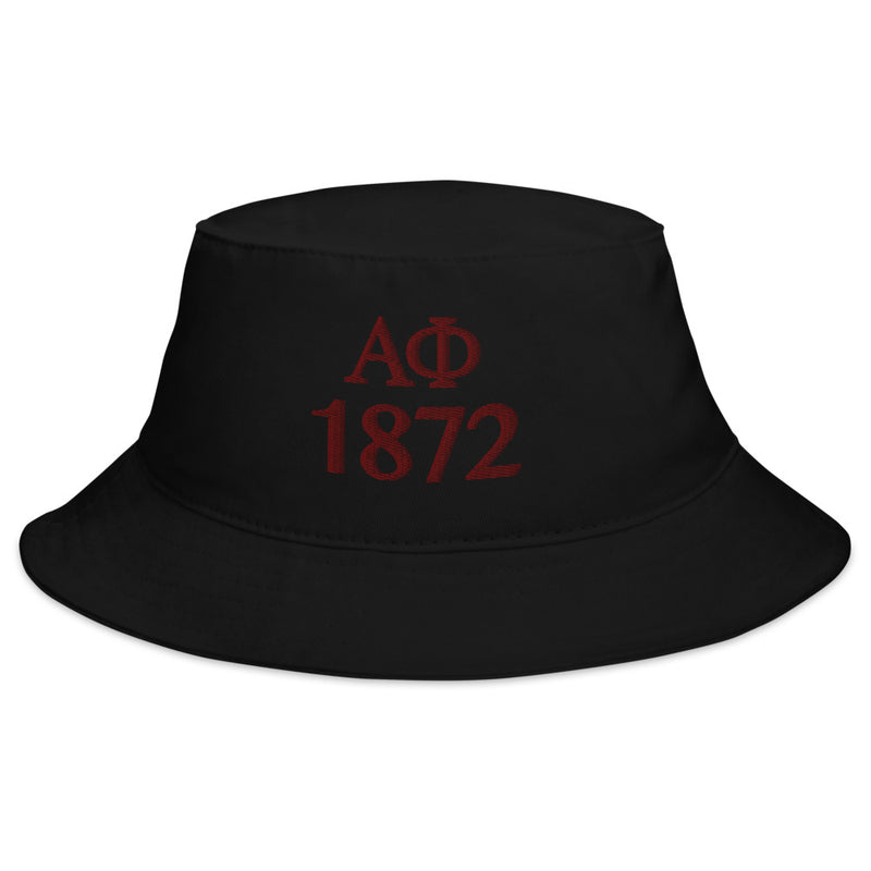 Alpha Phi Sorority Bucket Hat in black with burgundy letters and 1872 founding year embroidered on the front