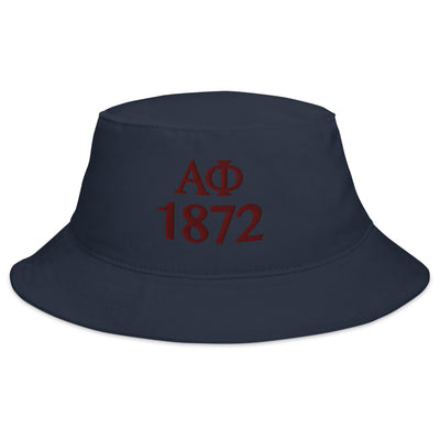 Alpha Phi Sorority Bucket Hat in Navy blue with burgundy letters embroidered on front of hat