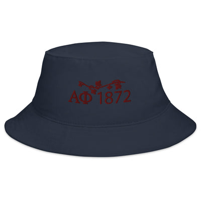 Alpha Phi Sorority Bucket Hat with 1872 founding year, Ivy and letters in Navy blue showing embroidery on front