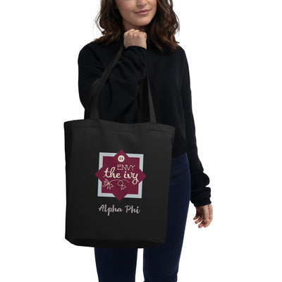 Alpha Phi Sorority Tote Bag in black with Envy the Ivy print on front