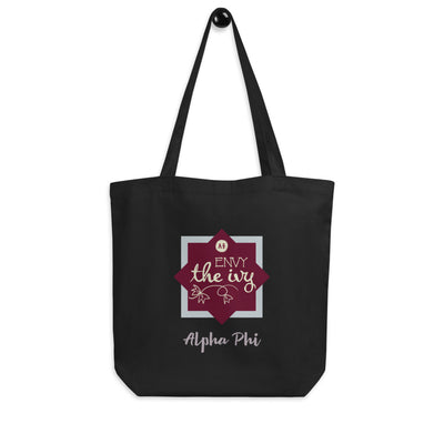 Alpha Phi Sorority Tote Bag shown in black on a hook with Envy the Ivy design