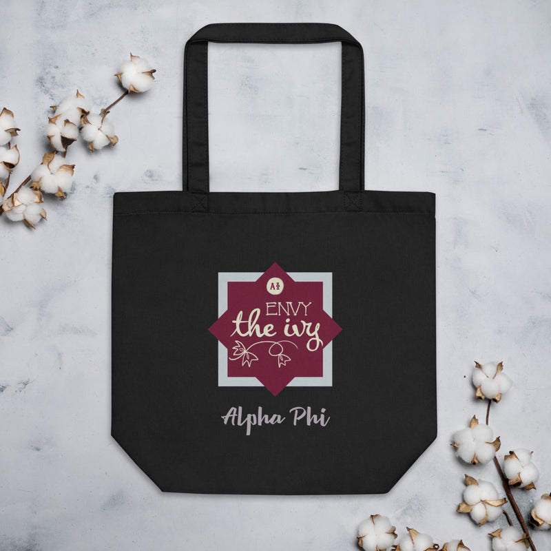 Alpha Phi Sorority Tote Bag in black shown flat with cotton