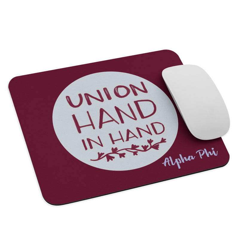 Alpha Phi Motto Mouse Pad shown with mouse