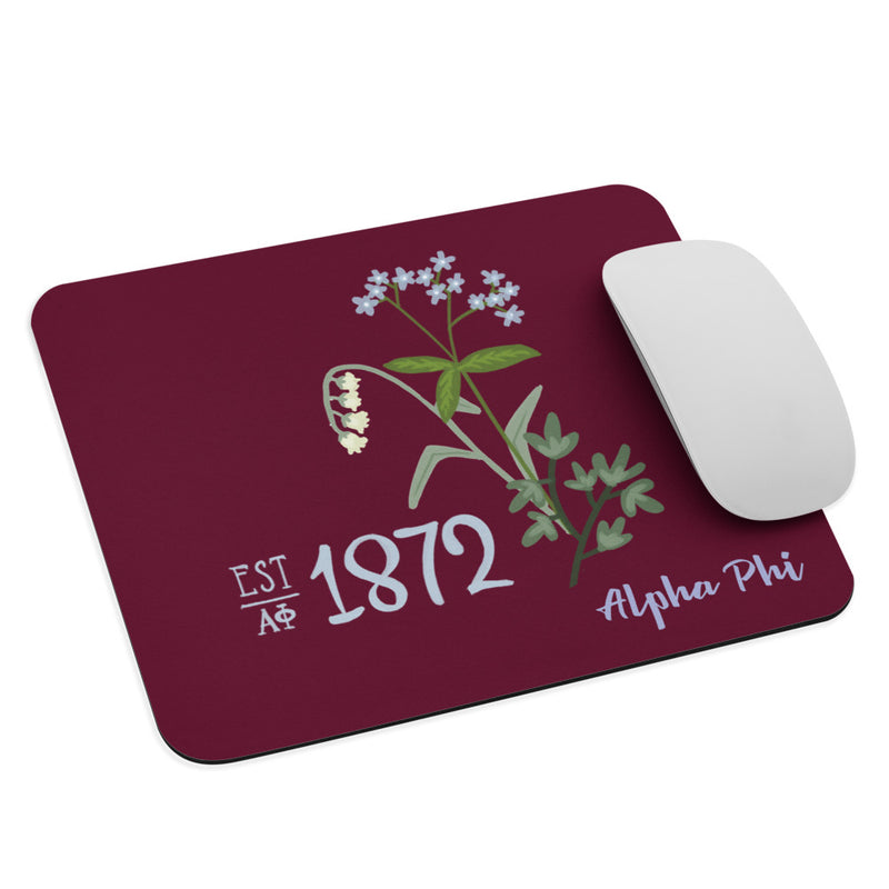 Alpha Phi Mouse Pad shown full view with 1872 design in Bordeaux color shown with mouse