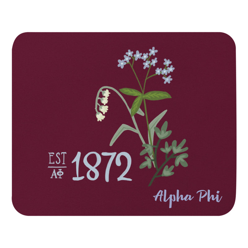 Alpha Phi Mouse Pad shown full view with 1872 design in Bordeaux color