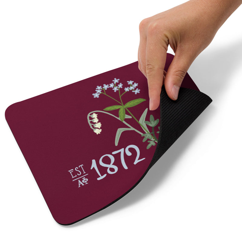 Alpha Phi Sorority Mouse Pad shown full view with 1872 design in Bordeaux color showing back of mouse pad