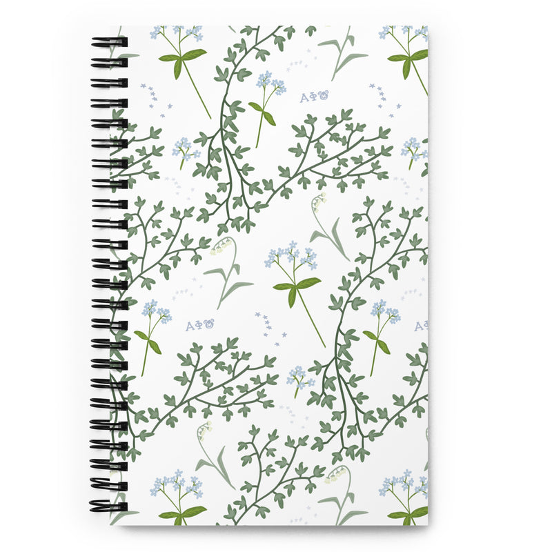 Alpha Phi Sorority Notebook in white floral print with A Phi letters in full view