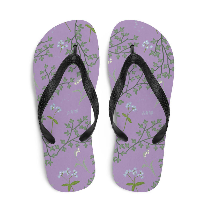 Alpha Phi Sorority Flip-Flops in Lavender with floral print shown in top view