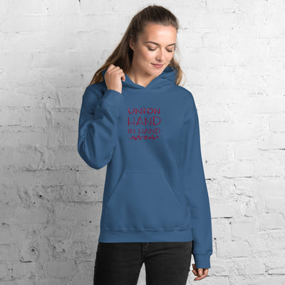 Alpha Phi Union Hand in Hand Comfy Hoodie in Indigo blue on model
