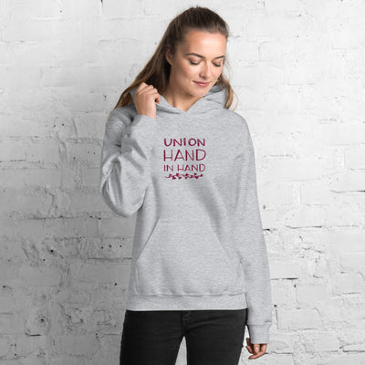 Alpha Phi Union Hand in Hand Comfy Hoodie in Sport Gray on model