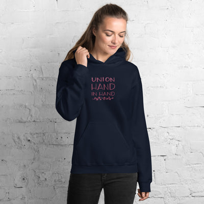 Alpha Phi Union Hand in Hand Comfy Hoodie in Navy blue on model