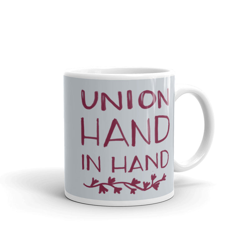 Alpha Phi Sorority Mug with Union Hand in Hand motto in silver and bordeaux in 11 oz mug size