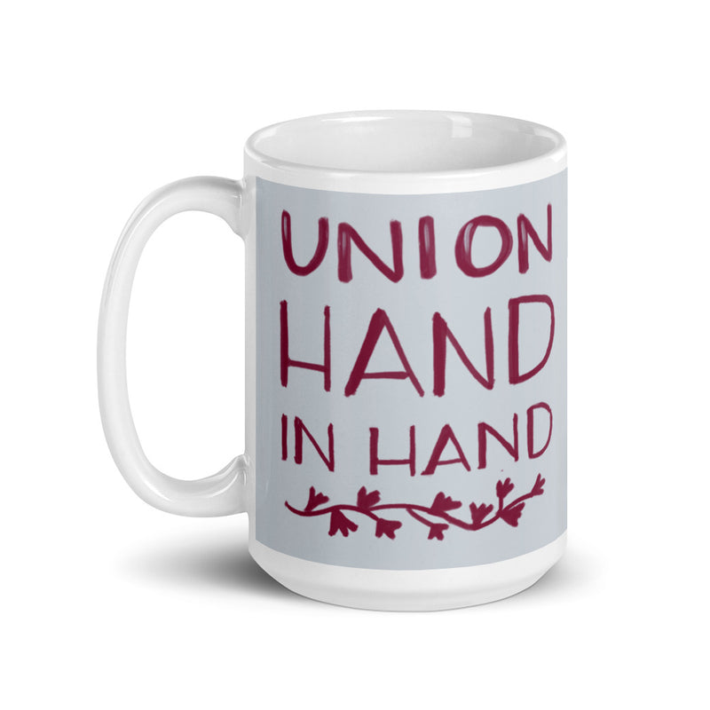 Alpha Phi Sorority Mug with Union Hand in Hand motto in silver and Bordeaux in 15 oz mug size with handle on left