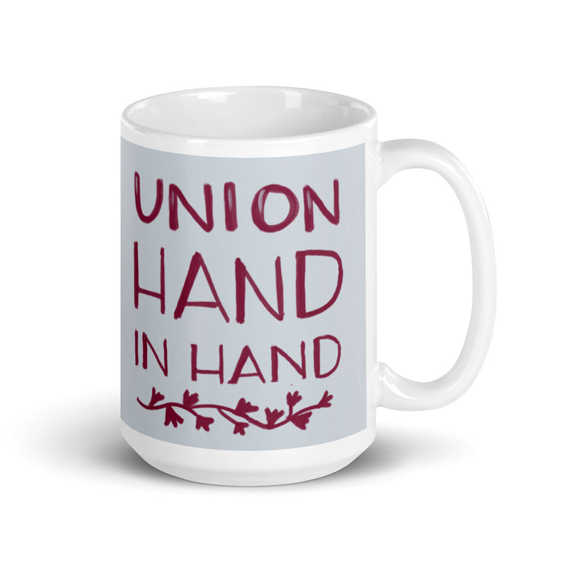 Alpha Phi Sorority Mug with Union Hand in Hand motto in silver and Bordeaux in 15 oz mug size with handle on right