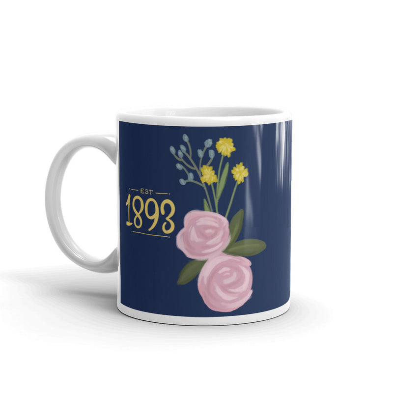 Alpha Xi Delta 1893 Founding Date Navy Blue Glossy Mug in 11 oz size with handle on left