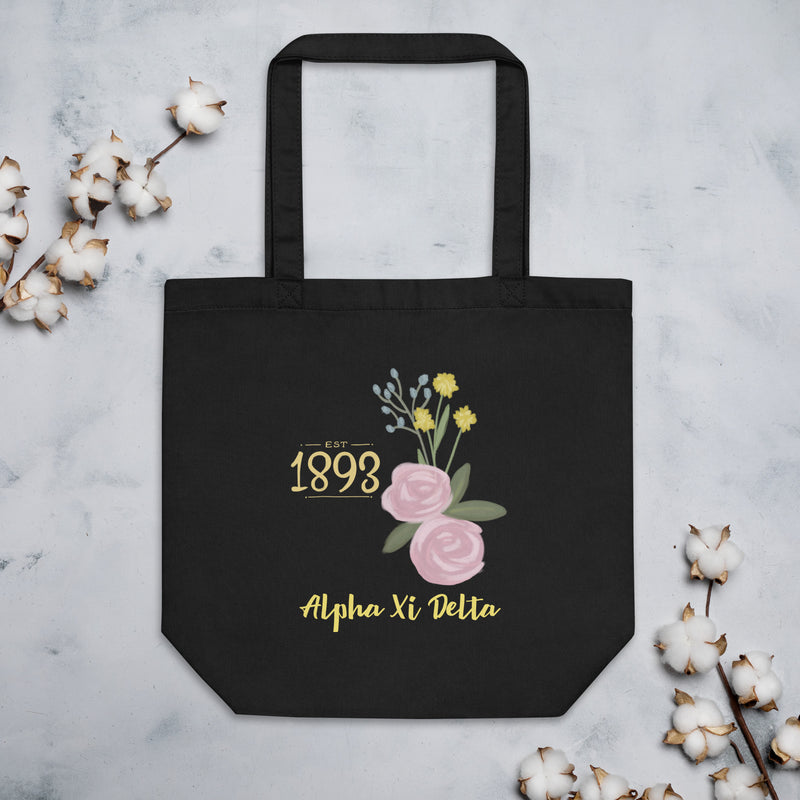 Alpha Xi Delta 1893 Founders Day Eco Tote Bag shown flat with cotton flowers