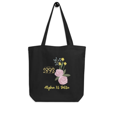 Alpha Xi Delta 1893 Founders Day Eco Tote Bag in black shown on a hook