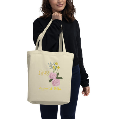Alpha Xi Delta 1893 Founders Day Eco Tote Bag in natural oyster color on model's arm