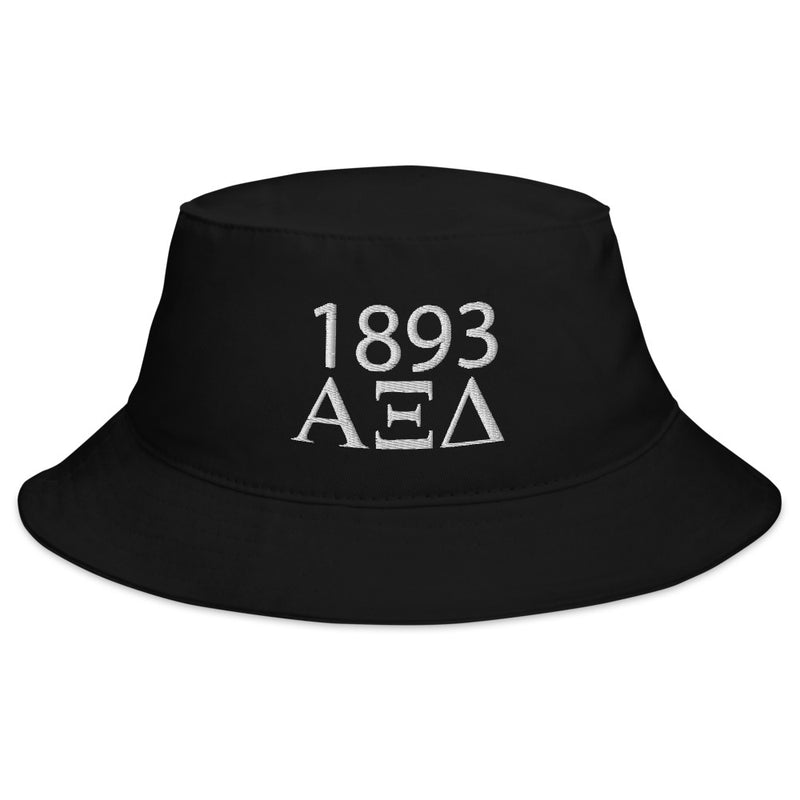 Alpha Xi Delta 1893 Founding Date Bucket Hat shown in black with white thread