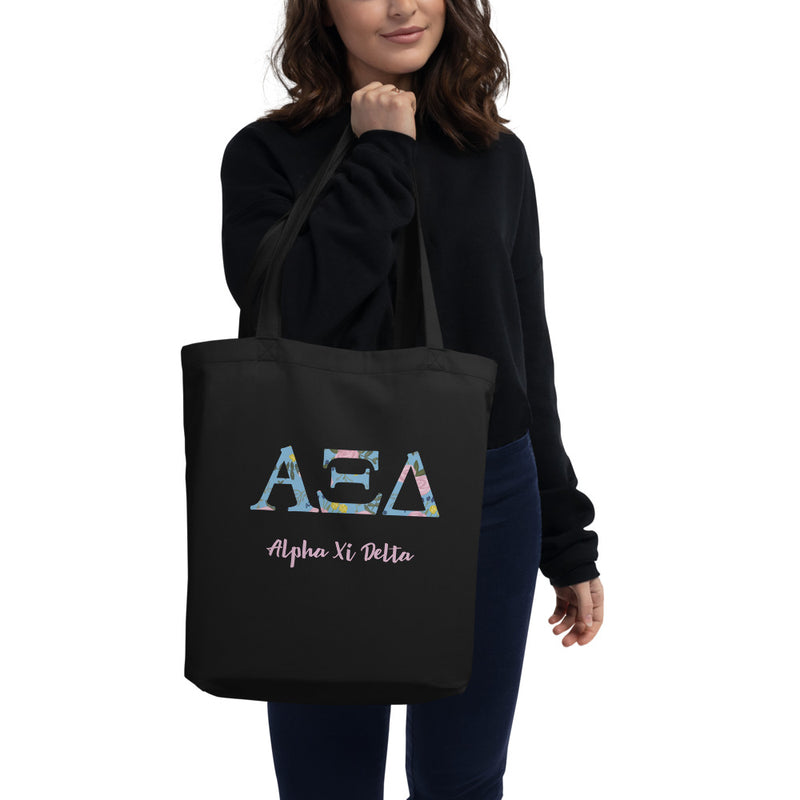 Alpha Xi Delta Sorority Tote Bag in black on model&