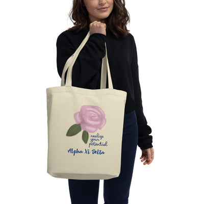 Alpha Xi Delta Sorority Tote Bag shown in natural oyster color on model's arm