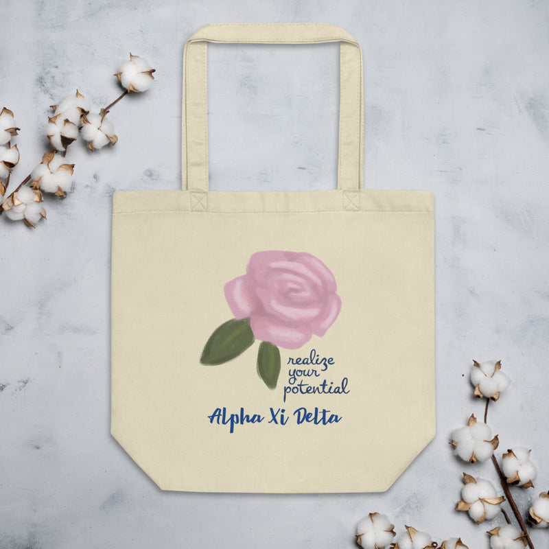 Alpha Xi Delta Sorority Tote Bag shown in natural oyster color with cotton blossoms