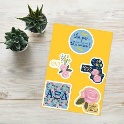 Alpha Xi Delta Sorority Sticker Sheet shown with plants