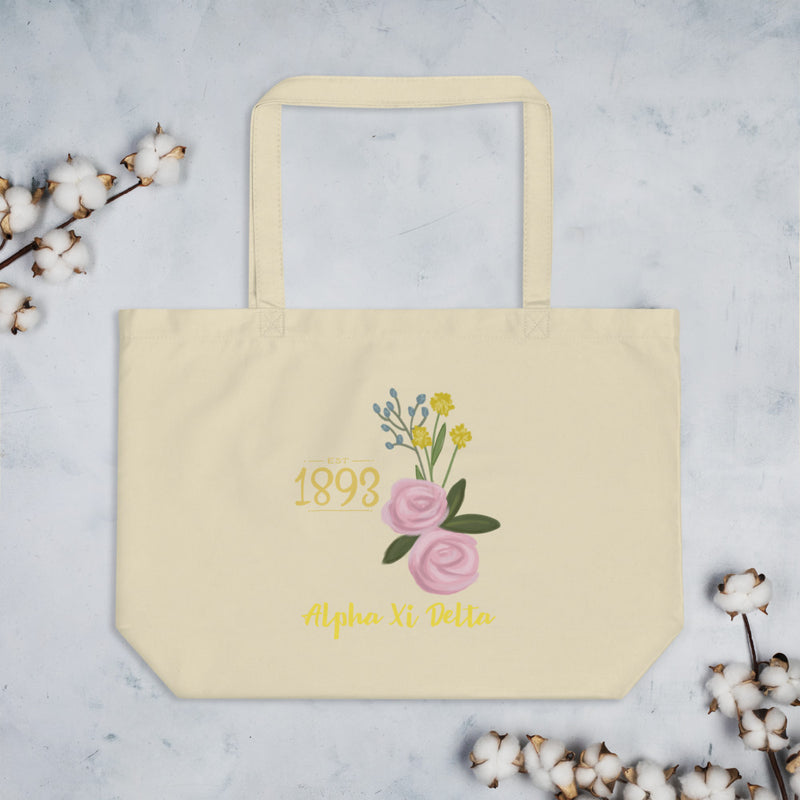 Alpha Xi Delta 1893 Sorority Tote Bag shown in natural oyster color with cotton blossoms