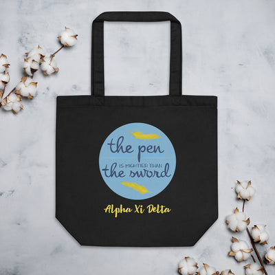 Alpha Xi Delta Pen is Mightier Eco Tote Bag shown in black with cotton