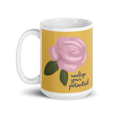 Alpha Xi Delta Realize Your Potential Gold Mug in 15 oz size with handle on left