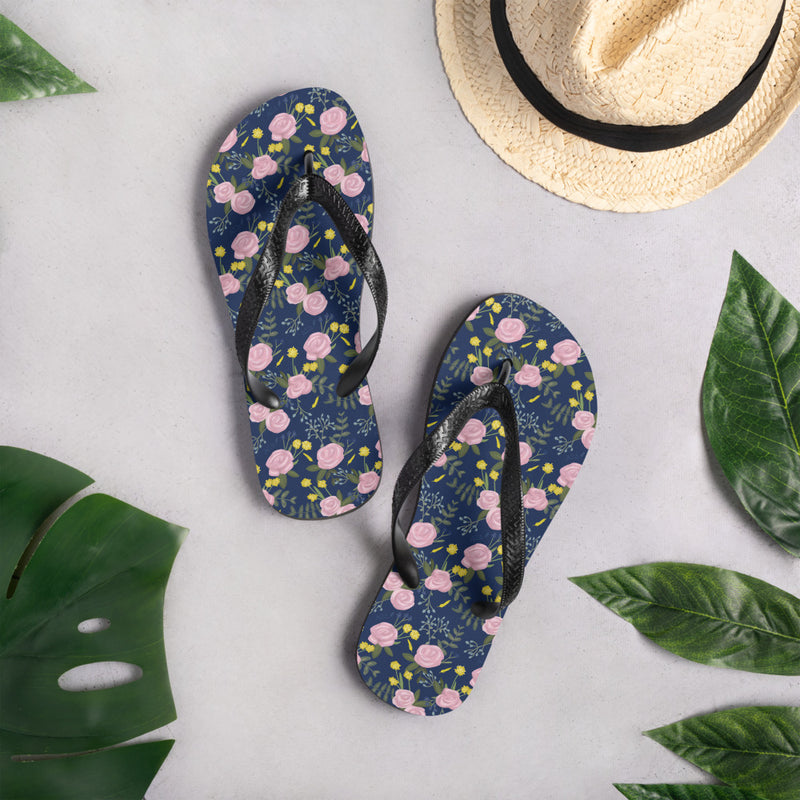 Alpha Xi Delta Rose Floral Print Flip-Flops, Navy Blue in lifestyle setting