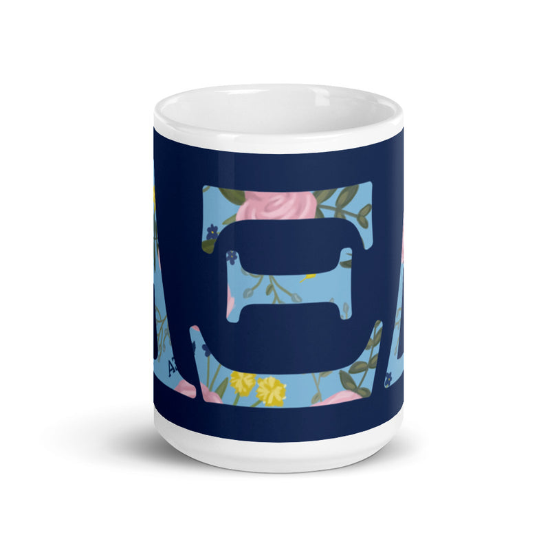 Alpha Xi Delta Greek Letter Navy Blue Glossy Mug in 15 oz size showing print wrapping around mug