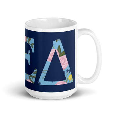 Alpha Xi Delta Greek Letter Navy Blue Glossy Mug in 15 oz size with handle on right