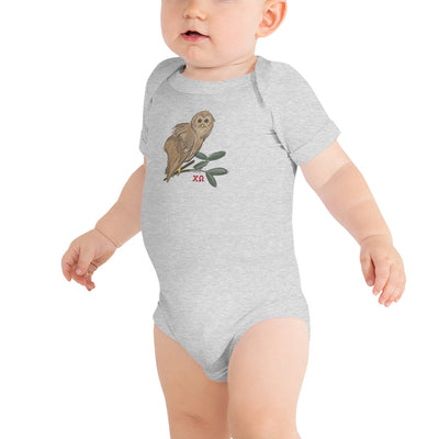 Chi Omega Owl Mascot Baby Onesie shown in athletic heather