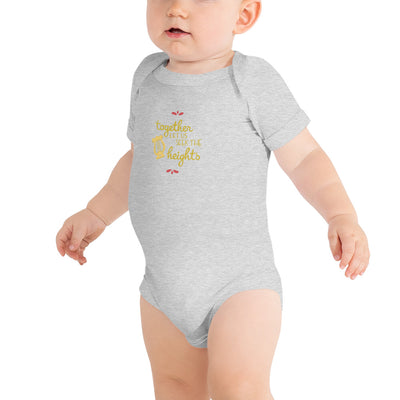 Alpha Chi Omega Together Let Us Seek The Heights Baby Onesie in heather gray shown on infant