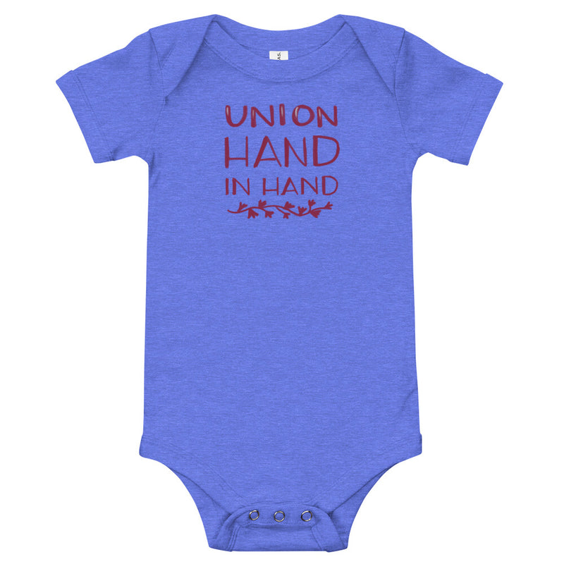 Alpha Phi "Union Hand in Hand" baby onesie in blue