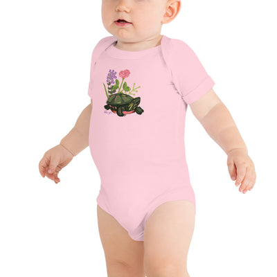 Delta Zeta Turtle Mascot Baby Onesie in pink on infant